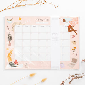 year planner month to month hand drawn illustrations super hero women yoga ramen star cat