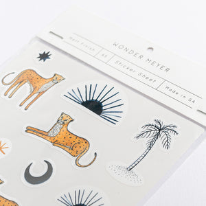 sticker pack sahara wonder meyer illustrations leopards cheetahs palm trees sun eye moon detail