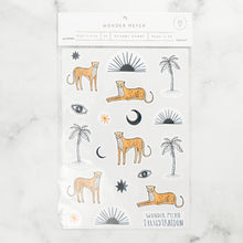 Load image into Gallery viewer, sticker pack sahara wonder meyer illustrations leopards cheetahs palm trees sun eye moon